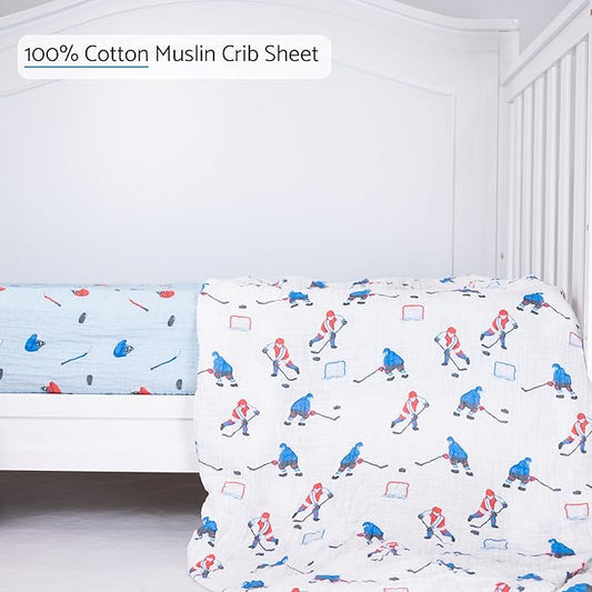 LollyBanks Muslin Crib Sheets 2 Pack, 100% Cotton Soft and Breathable Crib Fitted Sheet for Standard 52"x28" Mattress, Cozy and Snug Baby Bed Sheets, Baby Boy Essentials (Ice Hockey and Hat Print)
