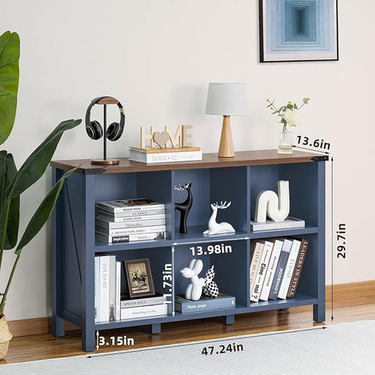 Joaxswe 6 Cube Bookcase, Farmhouse Wood Low Storage Organizer Book Shelf, 47" Horizontal Navy Blue Console Bookshelf with Legs, Hallway Book Case for Entryway, Display Cabinet for Living Room, Office