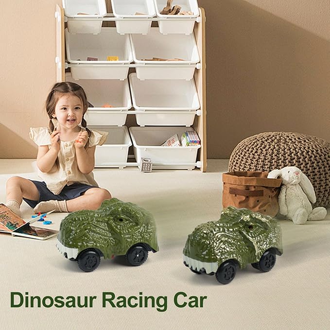 BEMITON Pack of 2 Dinosaur Car Toy - Birthday Gifts for 3 4 5 6 7 Year Old Boys Kids, Replacement Track Car with LED Light Up - Dino Accessories Compatible with Race Track Building Kits