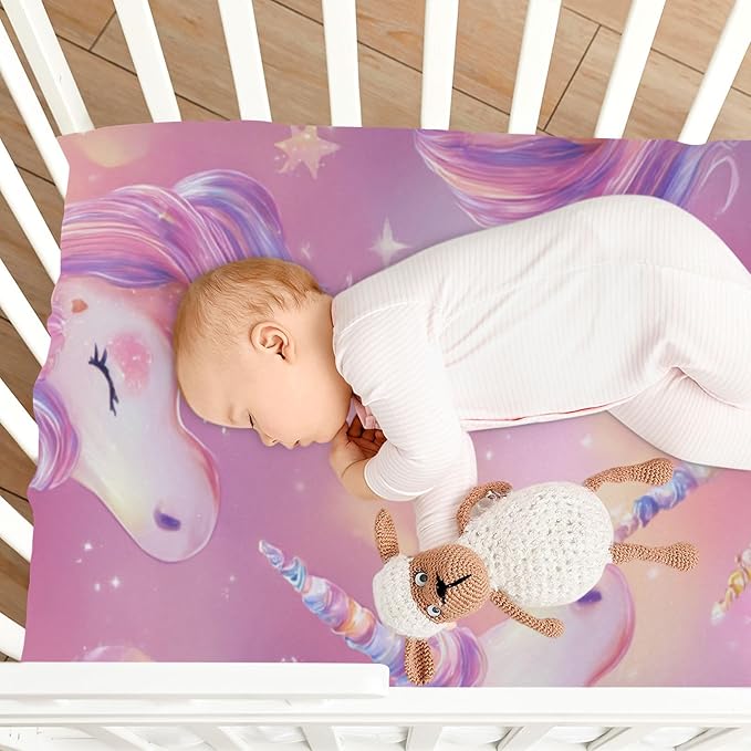 Rainbow Gradient Starry Unicorn Horn Hearts Crib Sheets Standard Crib Toddler Mattresses Cover Fitted Baby Bed Sheet Breathable Crib Mattress Sheet for Girls Boys 52" x 28"x5''