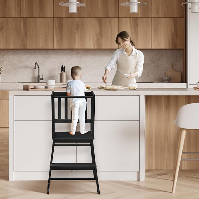 COSYLAND Kids Kitchen Step Stool Helper - Wooden Standing Tower for Kids with Anti-Tip Support Legs (Black)