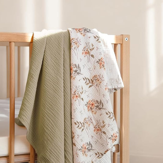 lulumoon Muslin Swaddle Blankets for Baby: Soft Cotton Newborn Receiving Blankets - Floral Print Nursery Gift Set for Baby Girls(Olive Flower)