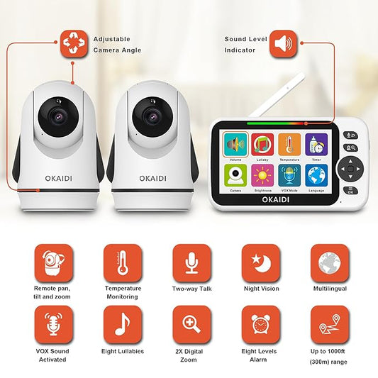 OKAIDI Video Baby Monitor with 2 Cameras, 5" Display Baby Monitor No WiFi, 30H Battery and 1000ft Range, Remote Pan-Tilt-Zoom Baby Camera, 2-Way Talk, 8 Lullabies, for Baby Pet Elderly