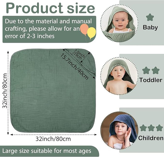 VitalCozy 6 Pcs Baby Muslin Hooded Bath Towels and Washcloths Muslin Cotton Hooded Baby Towels Absorbent Blankets for Gift Newborn Infant Shower (32 x 32 Inch,Green,Blue)