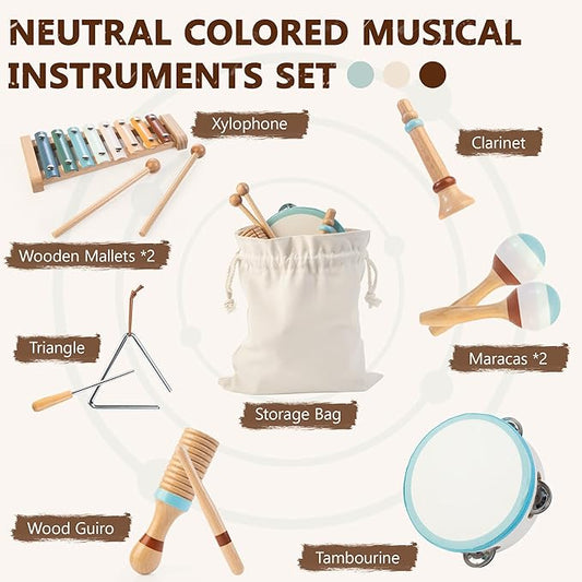Baby Musical Instruments | Montessori Wooden Toys for Toddlers, Neutral Color Percussion Instruments Set with Xylophone Tambourine, Educational Musical Toys for Boys Girls 3+