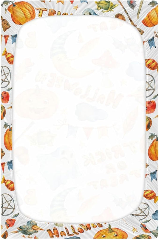 Watercolor Halloween Party Crib Sheets Soft Breathable Fitted Baby Crib Sheets Mattress Cover for Girl Boys, 52" x 28" x 9"