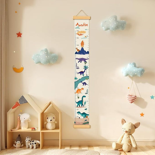 Woodemon Customize Name Canvas Growth Chart for Kids, Dinosaur Unisex Kids Room Wall Decor, Measuring Height Chart, Wall Tape with Height Chart for Kids, Foldable Height Tracker, Lightweight