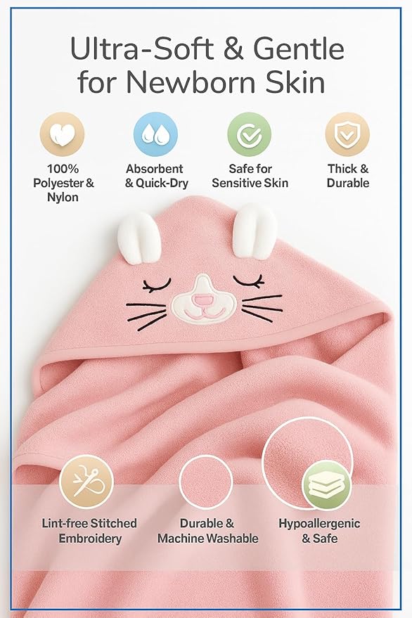 My Tiny Nugget Pink Hooded Baby Bath Towel for Girls – Soft & Absorbent | Cute Animal Hood | Plush Newborn Infant & Toddler Bath Wrap | Perfect (Pink)