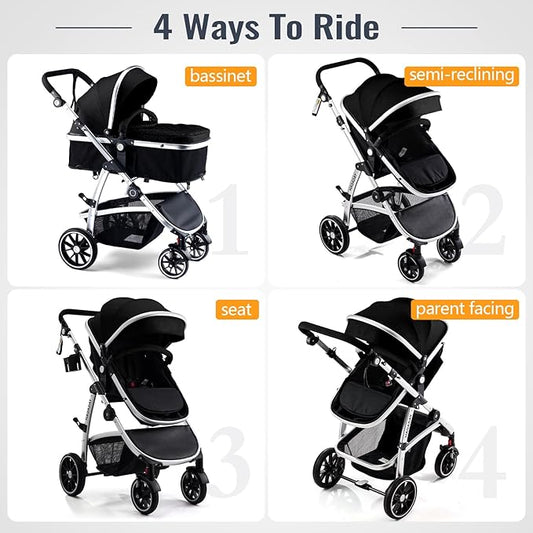 Baby Stroller, 2-in-1 Reversible Toddler Seat with Bassinet Mode, Foldable Infant Stroller with Canopy, One Button Brake, Adjustable Handle, Newborn Pushchair(Black)