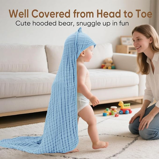 Muslin Baby Towels 100% Cotton ,Super Soft Muslin Baby Bath Towel - 32 x 32 Inches, Suitable for Newborn and Young Children up to 3 Years Old. (Light Blue & Dark Blue)