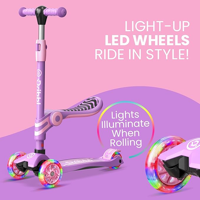 Purple 3 Wheel Scooter with Seat for Kids, Light-Up Wheels, Adjustable Lean to Steer Handlebar and Seat, Smooth Wheels, Wide No-Slip Deck, Rear Foot Brake, Toddler Outdoor Toys for Ages 2+