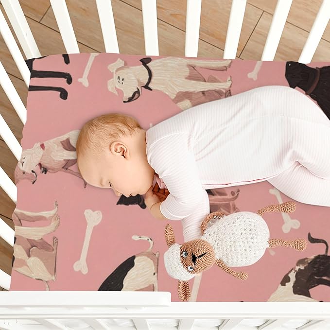 Pink Dog and Bone01 Crib Sheets Standard Crib Toddler Mattresses Cover Fitted Baby Bed Sheet Breathable Crib Mattress Sheet for Girls Boys 39''x27''x9''
