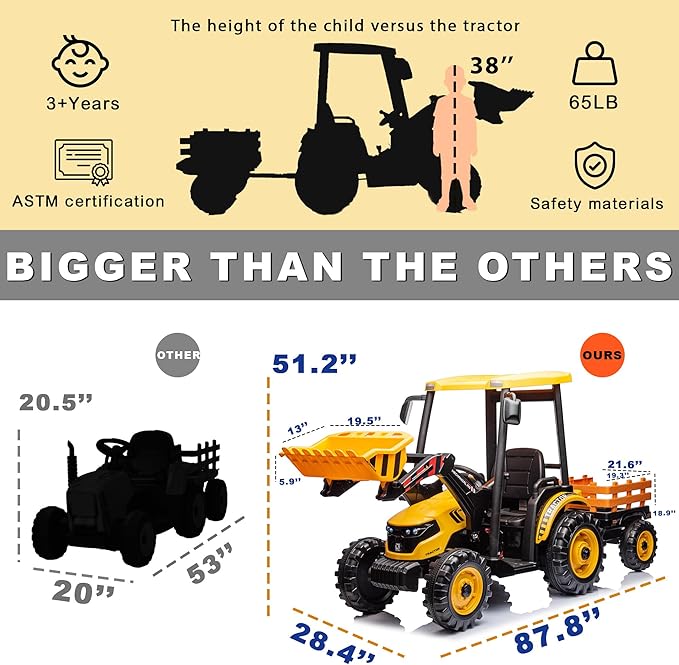 24V Kids Ride On Tractor w/Remote Control, 3IN1 Riding Tractor w/Trailer&Front Loader, Power Wheels 24V Ride on Toys for Boys Girls, Kids Ride on Excavator (Yellow Tractor with Trailer&Front Loader)