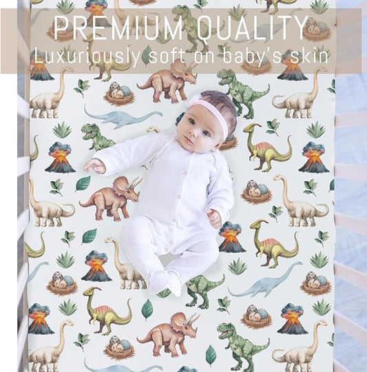 Watercolor Dinosaurs Baby Crib Sheets for Boy Girl Dino Eggs Leaves Volcano Adventure Soft Snug Fitted Crib Mattress Covers Fit 52''x28'' Standard Crib & Toddler Mattress Jungle Animal Bed Sheets