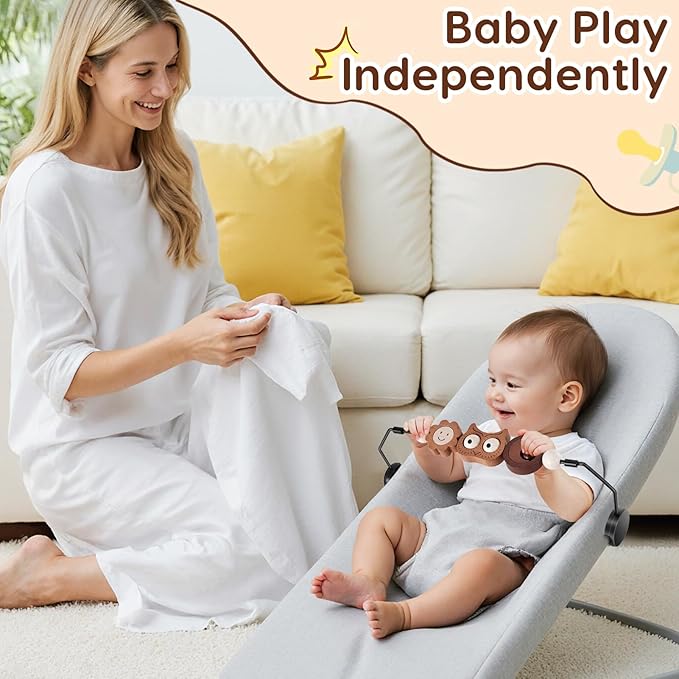 Baby Bouncer Toy Bar Wooden Compatible with Baby Bjorn Bouncer, Durable Wooden Bouncer Toy Bar Attachment, Tight and Secure Fit, Rotatable Sensory Toys for Curious Babies (Flower and Owl)