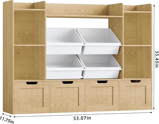 LULUBEAR Toy Storage Organizer, Toy Organizer with 4 Movable Drawers and 4 Box Bins, Kids Playroom Storage Organization with Hidden Wheels for Living Room, Kids Room, Natural