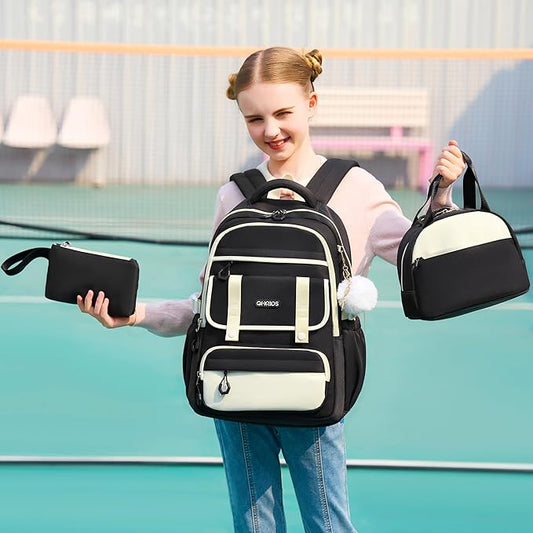 QHRIDS School Backpack for Girls, 3PCS Laptop Backpack 15.6 Inch with Lunch Box Pencil Pouch Set for Kids Teens Elementary Middle High School College Bookbag Student Casual Travel Daypack,Black Beige
