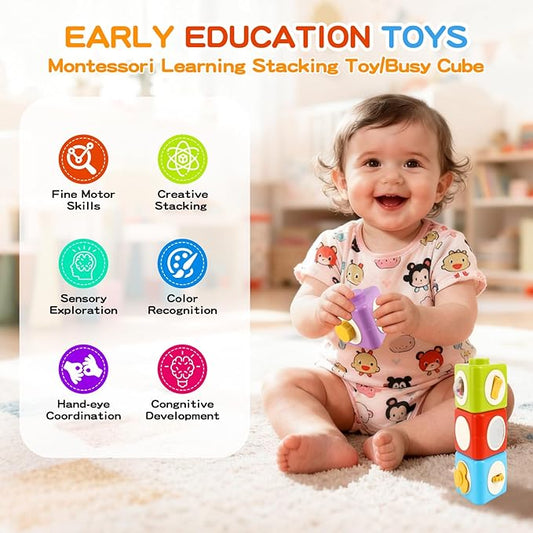 Montessori Busy Board for 1 Year Old, Toddler Travel Toys for Airplane & Car, Educational Activity Cube Stacking Toys for Toddler 1-2,Stocking Stuffers & Gifts for Toddlers Christmas
