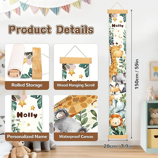 Personalized Name Kids Height Wall Chart,Animals Canvas Height Chart for Kids, Growth Chart for Wall Baby Room Nursery,Toddler Height Wall Chart Hanging Rulers for Children Bedroom Playroom Wall Decor