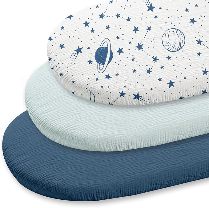 Gllquen Baby Muslin Bassinet Sheets 3 Pack, Breathable Elastic Cozy Fitted Cotton Bassinet Mattress Sheet for Baby Boy Girls, Fit for Hourglass Oval Rectangular Cradle Pad Sheets 33"x17" (Blue)
