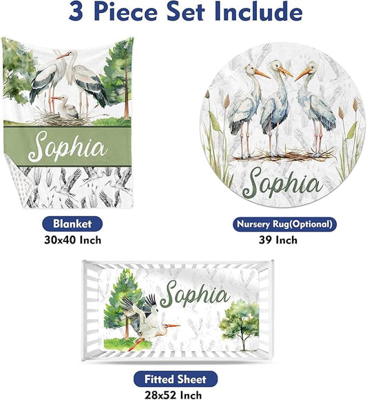 Custom Baby Crib Bedding Set, Personalized Name Moon Crane Design Crib Set 3 Pcs, Soft Double Layer Blanket, Crib Sheet & Room Rug, Ideal Nursery Decor Gift for Baby Girls Boys