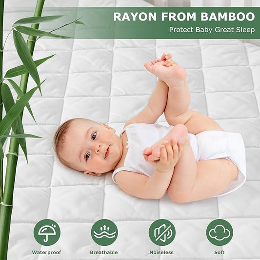 GRT 1 Pack Waterproof Crib Mattress Protector Rayon Made from Bamboo,Quilted Baby Mattress Cover Fitted Deep Pocket from 4" up to 9", Extra Breathable & Noiseless Toddler Mattress Pad 52"x28", White