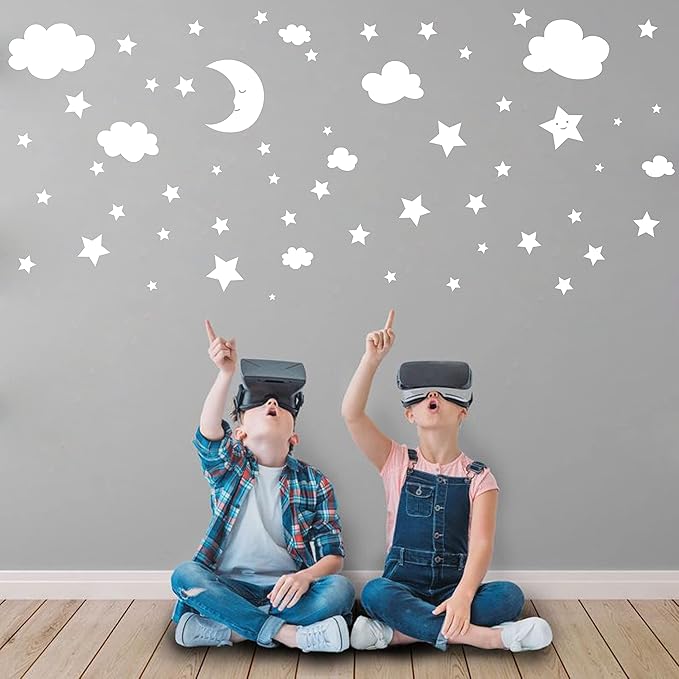 Crescent Moon Stars and Clouds Wall Decals Moon and Stars Nursery Wall Stickers Starry Sky Playroom Decor Kids Rooms Mural Kids Room Wall Art Y59 (White)