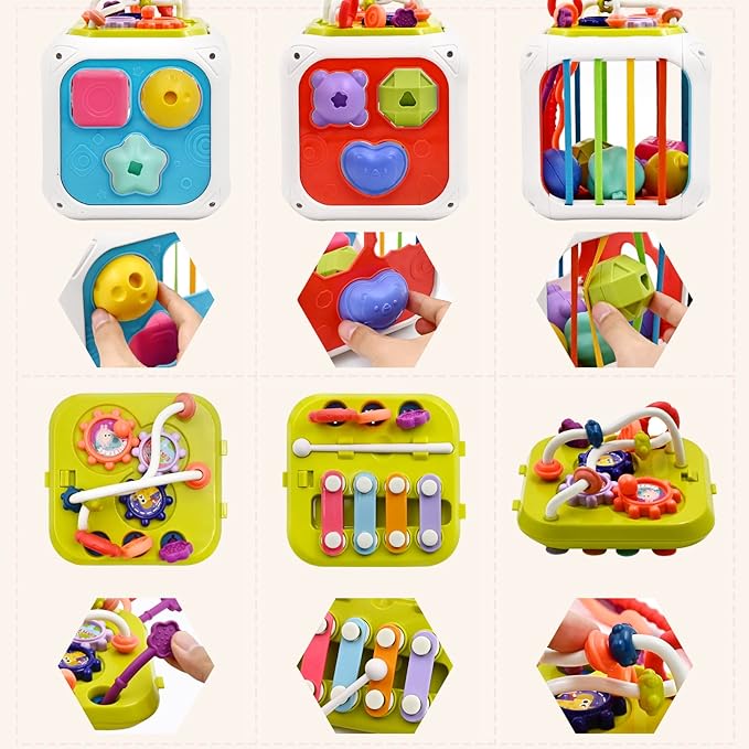 AiTuiTui Multifunction Baby Sensory Montessori Activity Cube Toys, Shape Sorter Early Learning Educational Interactive Toys for Infant Toddlers Boy Girl, Birthday Gifts Christmas Stocking Stuffers