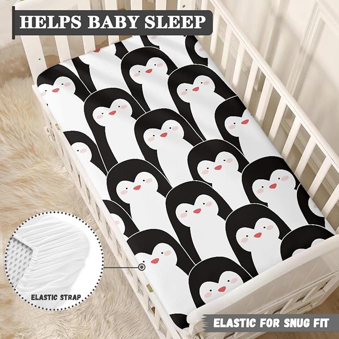 Cute Penguins Fitted Crib Sheet Penguin Cartoon Baby Crib Sheet Fit Standard Crib and Toddler Mattress,Crib Mattress Sheets for Boys Girls 28"x52"