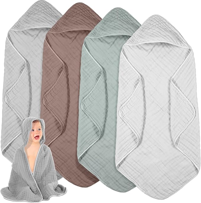 Peryiter 4 Pcs Muslin Hooded Baby Towels, 32x 32'' Cotton Newborn Bath Towel Muslin Infant Baby Blankets Absorbent Unisex Christmas Registry Gift Essentials for Girls Boys (White,Gray,Green,Brown)