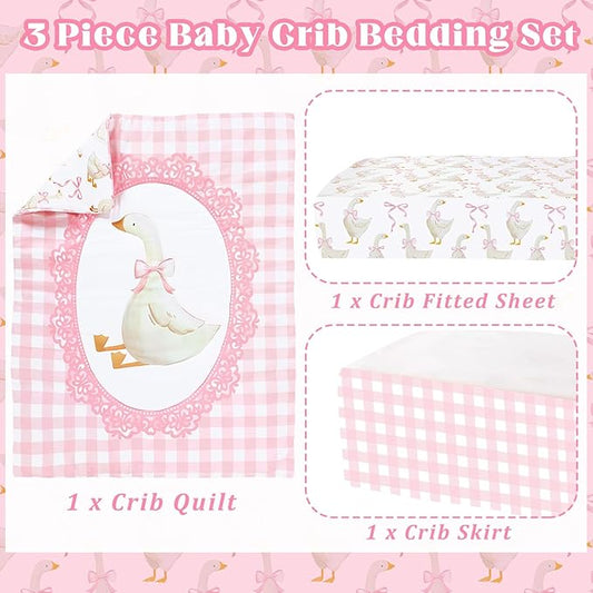 3 Pcs Baby Crib Bedding Set Silly Goose Baby Crib Sets Goose Nursery Decor Includes Quilt, Fitted Sheet, Skirt for Girl(Pink)