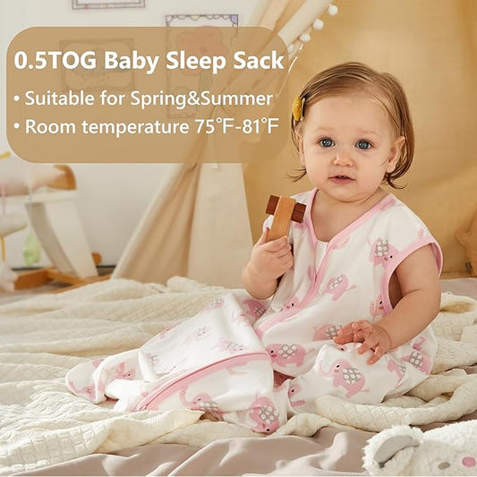 TILLYOU 2 Pack Infant Sleep Sack 0-6 Months 100% Cotton Wearable Blanket 0.5 TOG Sleeveless Summer Sleep Sacks with 2-Way Zipper, Pink Elephant