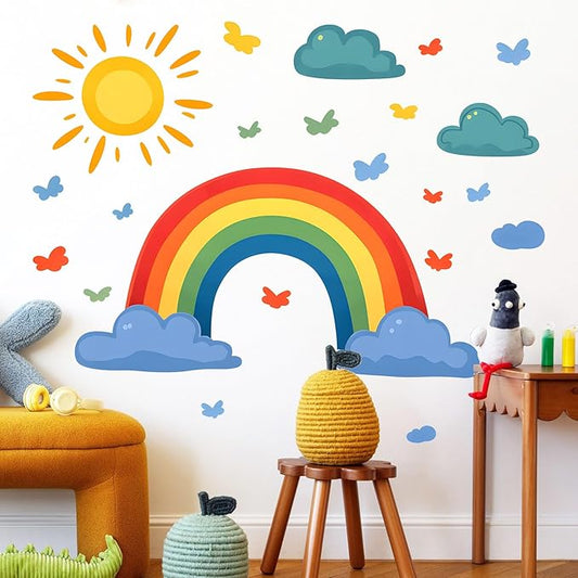 Eutecado Rainbow Wall Decals Watercolor Sun Cloud Wall Stickers for Kids Room, Cute Cloudy Rainbow Wall Decor Butterfly Sun Decorations Peel and Stick Removable Decals for Girls Room Nursery