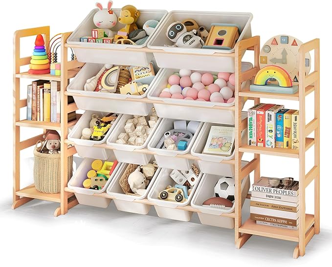 PTINFLUCE Wooden Toy Storage Organizer with 6 Shelves and 12 Bins, Toy Organizer Storage Kids Bookshelf, Toy Shelf for Playroom, Nursery, and Bedroom