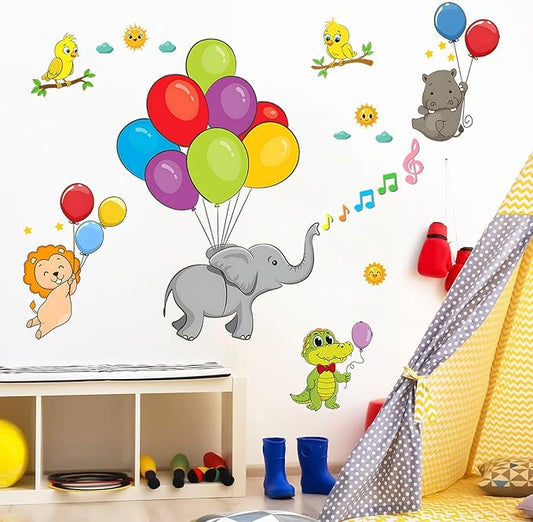 Eutecado Forest Animals Balloon Wall Decals Colorful Kids Wall Stickers, Lovely Elephant Hippo Lion Crocodile Wall Stickers Sun Clouds Art Decals for Nursery Classroom Playroom Cute Room Decor