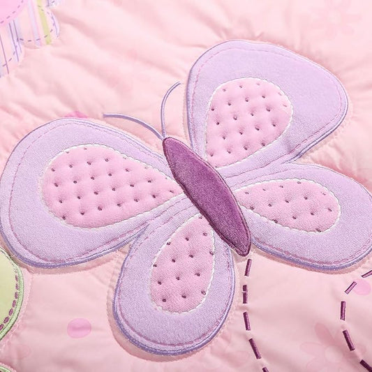 Butterfly Nursery Crib Beding Set for Girls Pink Purple -6 PCs Embroidery Flower Butterfly Baby Girl Bedding Set - Quilt/Fitted Sheet x 2/ Skirt/Diaper Stacker/Blanket 28'' x 52 ''