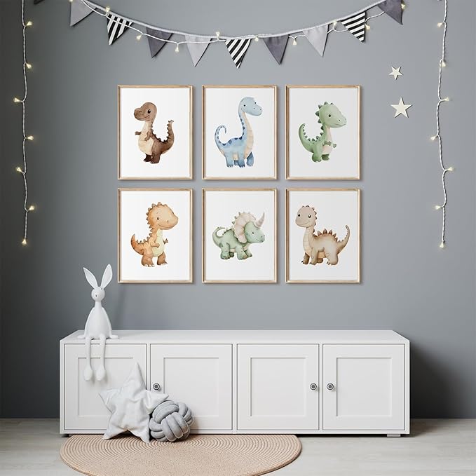Dinosaur Nursery Wall Art Kids Canvas Poster baby Boy Nursery Wall Decor Watercolor Dino Prints Toddler Pictures cute Dinosaur Themed Artwork painting for Boys Room Bedroom 8x10 Inch Unframed set of 6