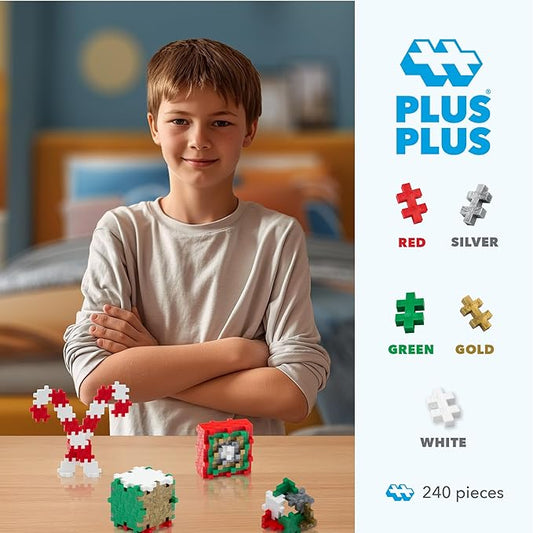 PLUS PLUS 240 Piece Interlocking Building Blocks for Kids, Open Ended Connecting Toys, Stem Bin Classroom Mini Manipulatives - Holiday Mix Play Tube
