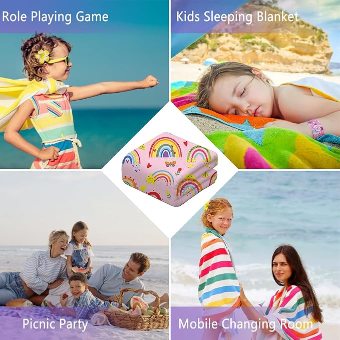 Thickened Hooded Towels for Kids Suitable Girls Boys Kids Bath Towels, 30"x50" Super Absorbent, Rainbow Cute Cartoon Toddler Towels Multi-Purpose for Beach, Pool and Bathroom