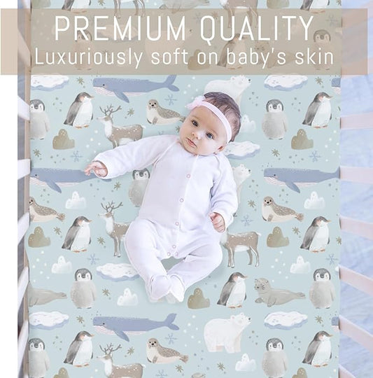 Cute Frosty Arctic Animals Baby Crib Sheets for Boy Girl Bear Penguins Deer Whale Snowflakes Soft Snug Fitted Crib Mattress Covers for 52x28 Standard Crib & Toddler Mattress Snowy Winter Baby Sheets