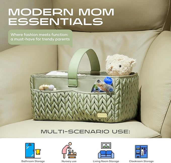 LUKJOJO Luxurious Baby Diaper Caddy, Nursery Storage Basket for Newborn Essentials, Travel Baby Basket for Diapers Baby Wipes, Organizer Tote Bag Storage Bin, Baby Shower Gifts(Sage Green)