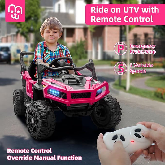 12V Kids Ride on Truck Car with Remote Control, Electric Off-Road UTV for Toddlers, Bluetooth Music, Suspension System Safety Belt, Electric Vehicles Gift for Boys & Girls-Rosy