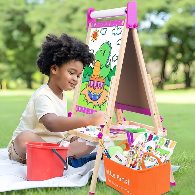 Easel for Kids Toys,Toddler Art Easel with Art Supplies, Height Adjustable Double-Sided Magnetic Dry Eraser Whiteboard and Chalk Board with Paper Roll,4 5 6 7 8 9 10 Year Old Girl Birthday Gifts