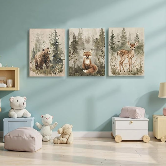 ICHZUMW Woodland Animals Nursery Wall Decor, Nursery Wall Art, Watercolor Bear Fox Deer Painting Print Artwork for Boys Girls Kids Room, Wrapped Canvas, Ready to Hang, 12x16in, Set of 3