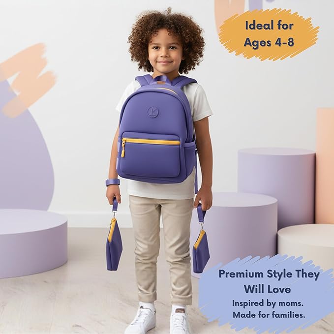 Kaywee 3pc Neoprene Kids Travel Backpack SET| 2 zipper pouches | Preschool backpack with AirTag holder for kids |Purple Toddler Girl Backpack toddler backpack for girls daycare essentials