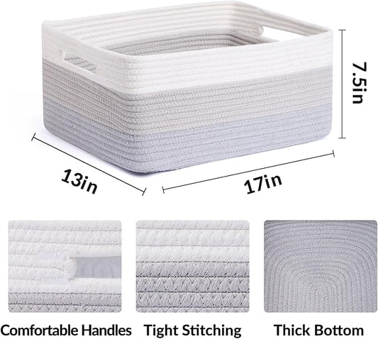 MiniArk Large Storage Baskets for Shelves, Closet Organizers Bins for Clothes Blanket Towels, Baby Nursery, Toy Baskets Box, Woven Rope Baskets, 17 x 13 x 7.5”, 2 Packs Gradient Grey