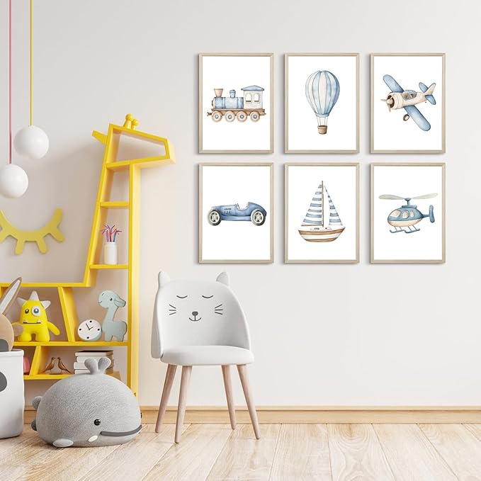 Baby Boy Nursery Wall Art Transportation Blue Car Canvas Prints Vintage Toddler Vehicle Pictures Decor Hot Air Balloon Airplane Nursery Poster for Kids Boys Room Bedroom 12x16x6 Inch Framed