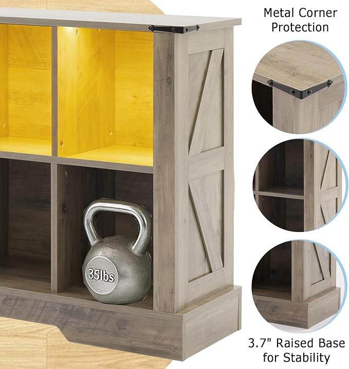 Puntogen 8 Cube Storage Organizer, Wood Cube Bookshelf with LED Lights, Horizontal Storage Cubes, Kids Bookshelf, Display Cabinet Cubby Shelf for Living Room Home Office Bedroom,Grey