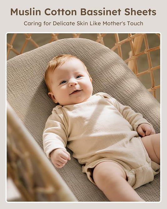 Muslin Bassinet Sheets Boy Girl, 100% Cotton Fitted Bassinet Sheet Set 2 Pack Bassinet Mattress Sheets Universal Fit for Rectangle, Round, Oval, Hourglass Mattress, Soft Breathable