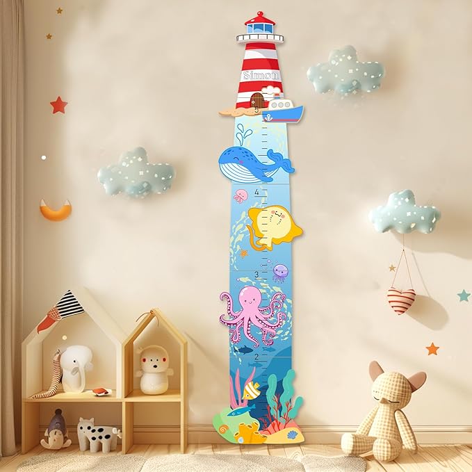 Woodemon Personalized Name Wooden Growth Charts for Kids, Lighthouses and Oceans Height Measurement for Wall Girls Boys Teen Room Nursery Decor
